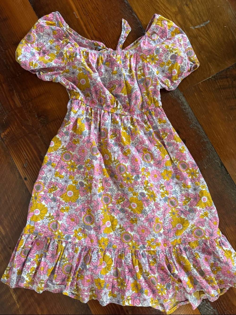 Girls Pink & Yellow Floral Off-Shoulder Summer Dress